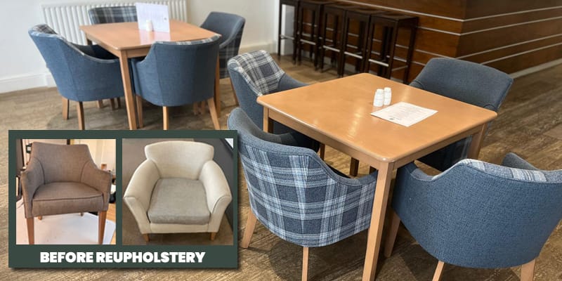 Guildford Golf Club chairs, show before and after Yorx had reupholstered them.